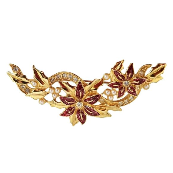 Avon Red Enamel, Rhinestone Faux Pearl Christmas Poinsettia Swag Brooch, M432 - Picture 1 of 6